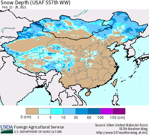 China, Mongolia and Taiwan Snow Depth (USAF 557th WW) Thematic Map For 2/22/2021 - 2/28/2021