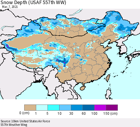 China, Mongolia and Taiwan Snow Depth (USAF 557th WW) Thematic Map For 3/1/2021 - 3/7/2021