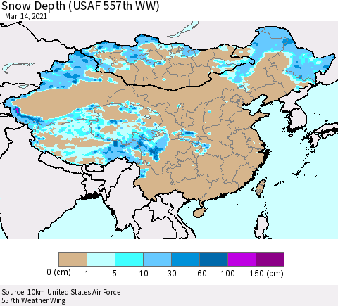 China, Mongolia and Taiwan Snow Depth (USAF 557th WW) Thematic Map For 3/8/2021 - 3/14/2021