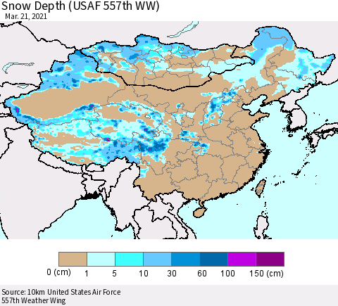 China, Mongolia and Taiwan Snow Depth (USAF 557th WW) Thematic Map For 3/15/2021 - 3/21/2021