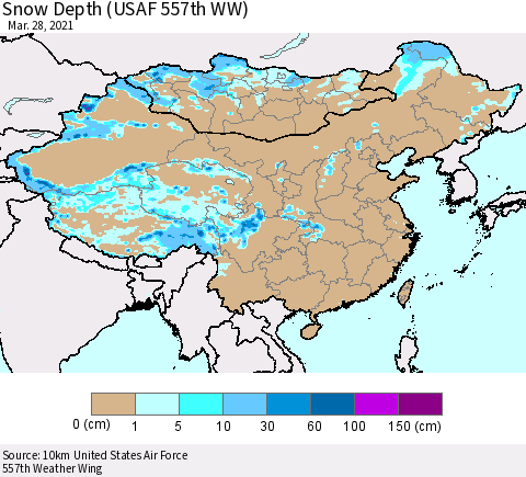 China, Mongolia and Taiwan Snow Depth (USAF 557th WW) Thematic Map For 3/22/2021 - 3/28/2021