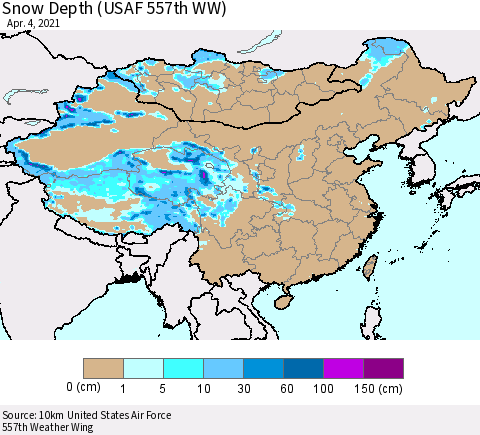 China, Mongolia and Taiwan Snow Depth (USAF 557th WW) Thematic Map For 3/29/2021 - 4/4/2021