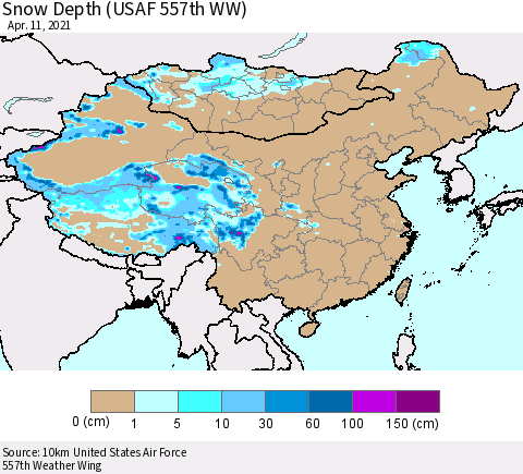 China, Mongolia and Taiwan Snow Depth (USAF 557th WW) Thematic Map For 4/5/2021 - 4/11/2021