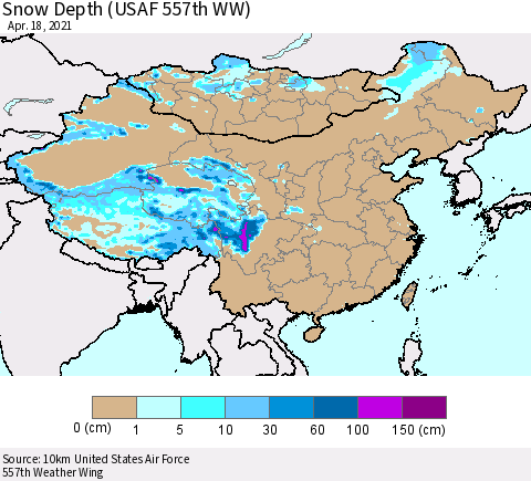 China, Mongolia and Taiwan Snow Depth (USAF 557th WW) Thematic Map For 4/12/2021 - 4/18/2021