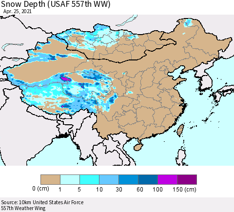 China, Mongolia and Taiwan Snow Depth (USAF 557th WW) Thematic Map For 4/19/2021 - 4/25/2021