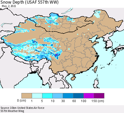 China, Mongolia and Taiwan Snow Depth (USAF 557th WW) Thematic Map For 4/26/2021 - 5/2/2021