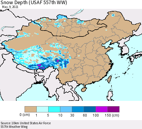 China, Mongolia and Taiwan Snow Depth (USAF 557th WW) Thematic Map For 5/3/2021 - 5/9/2021