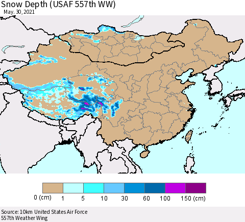China, Mongolia and Taiwan Snow Depth (USAF 557th WW) Thematic Map For 5/24/2021 - 5/30/2021