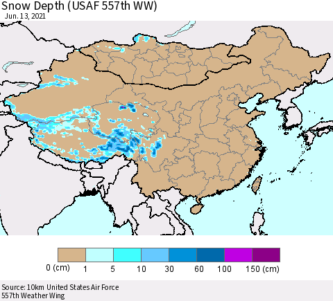China, Mongolia and Taiwan Snow Depth (USAF 557th WW) Thematic Map For 6/7/2021 - 6/13/2021
