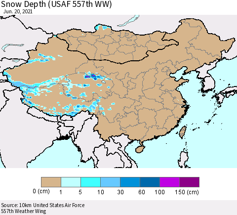 China, Mongolia and Taiwan Snow Depth (USAF 557th WW) Thematic Map For 6/14/2021 - 6/20/2021