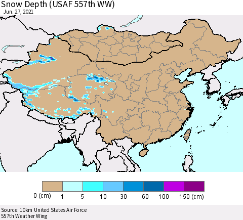 China, Mongolia and Taiwan Snow Depth (USAF 557th WW) Thematic Map For 6/21/2021 - 6/27/2021