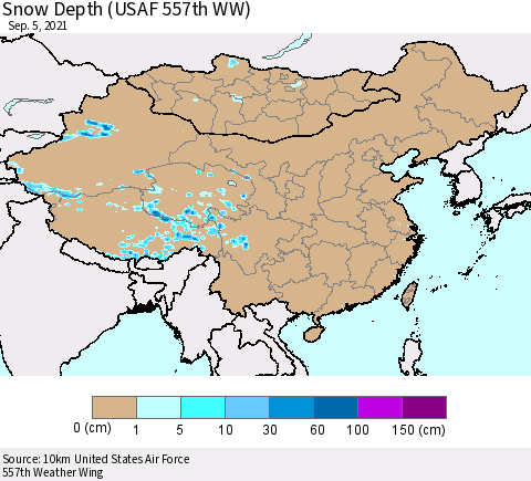 China, Mongolia and Taiwan Snow Depth (USAF 557th WW) Thematic Map For 8/30/2021 - 9/5/2021