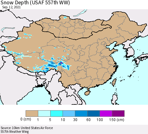 China, Mongolia and Taiwan Snow Depth (USAF 557th WW) Thematic Map For 9/6/2021 - 9/12/2021