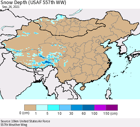 China, Mongolia and Taiwan Snow Depth (USAF 557th WW) Thematic Map For 9/20/2021 - 9/26/2021