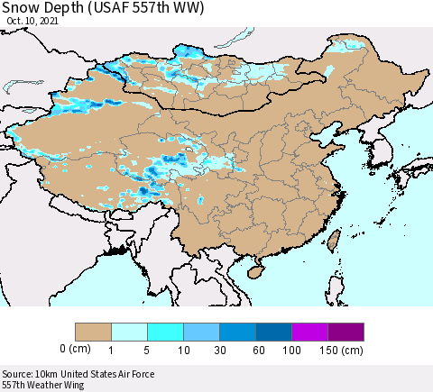 China, Mongolia and Taiwan Snow Depth (USAF 557th WW) Thematic Map For 10/4/2021 - 10/10/2021