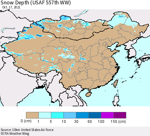 China, Mongolia and Taiwan Snow Depth (USAF 557th WW) Thematic Map For 10/11/2021 - 10/17/2021