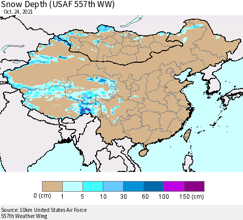 China, Mongolia and Taiwan Snow Depth (USAF 557th WW) Thematic Map For 10/18/2021 - 10/24/2021