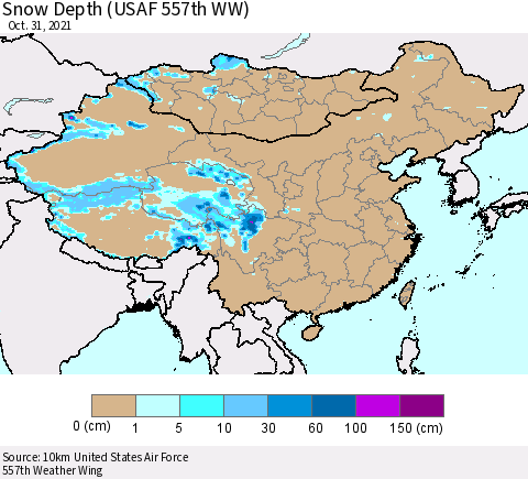 China, Mongolia and Taiwan Snow Depth (USAF 557th WW) Thematic Map For 10/25/2021 - 10/31/2021
