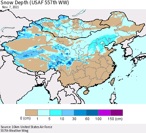 China, Mongolia and Taiwan Snow Depth (USAF 557th WW) Thematic Map For 11/1/2021 - 11/7/2021