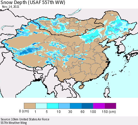 China, Mongolia and Taiwan Snow Depth (USAF 557th WW) Thematic Map For 11/8/2021 - 11/14/2021