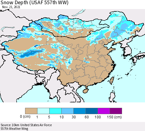 China, Mongolia and Taiwan Snow Depth (USAF 557th WW) Thematic Map For 11/15/2021 - 11/21/2021