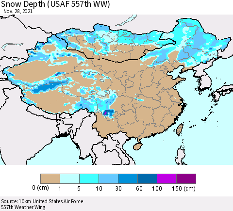 China, Mongolia and Taiwan Snow Depth (USAF 557th WW) Thematic Map For 11/22/2021 - 11/28/2021
