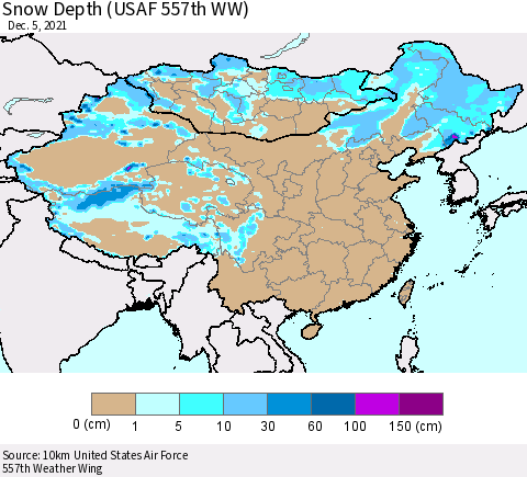 China, Mongolia and Taiwan Snow Depth (USAF 557th WW) Thematic Map For 11/29/2021 - 12/5/2021