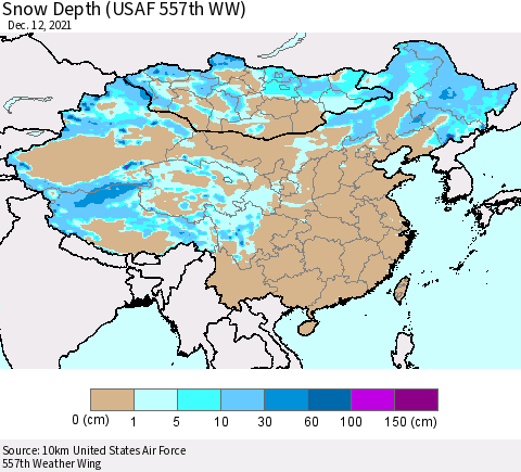 China, Mongolia and Taiwan Snow Depth (USAF 557th WW) Thematic Map For 12/6/2021 - 12/12/2021