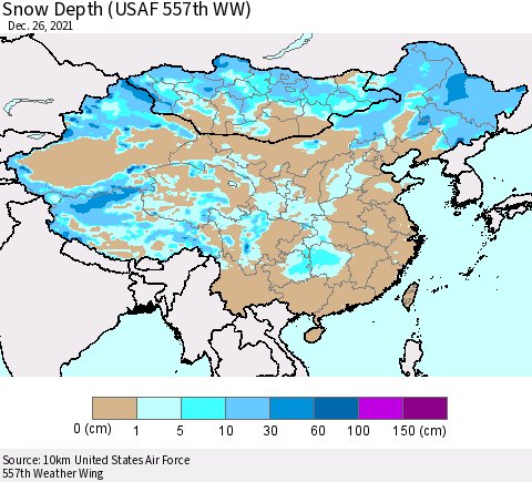 China, Mongolia and Taiwan Snow Depth (USAF 557th WW) Thematic Map For 12/20/2021 - 12/26/2021