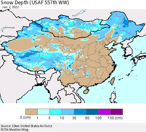 China, Mongolia and Taiwan Snow Depth (USAF 557th WW) Thematic Map For 12/27/2021 - 1/2/2022