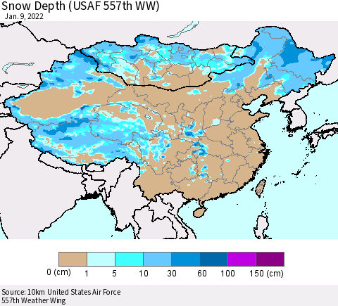 China, Mongolia and Taiwan Snow Depth (USAF 557th WW) Thematic Map For 1/3/2022 - 1/9/2022