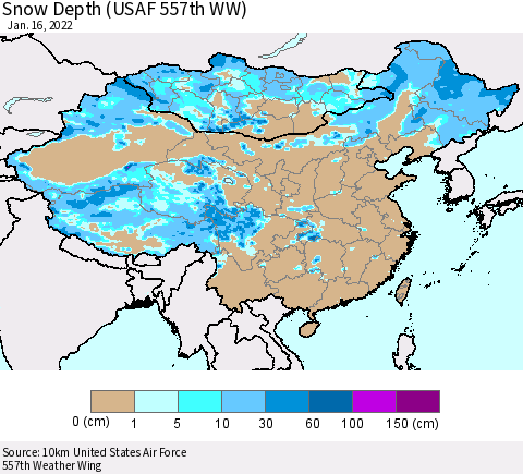 China, Mongolia and Taiwan Snow Depth (USAF 557th WW) Thematic Map For 1/10/2022 - 1/16/2022