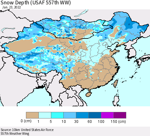 China, Mongolia and Taiwan Snow Depth (USAF 557th WW) Thematic Map For 1/17/2022 - 1/23/2022