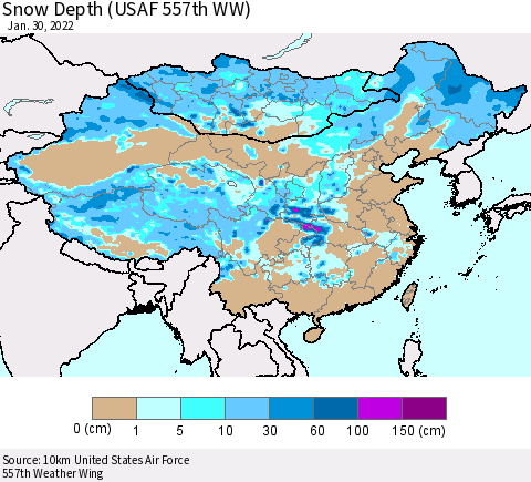 China, Mongolia and Taiwan Snow Depth (USAF 557th WW) Thematic Map For 1/24/2022 - 1/30/2022