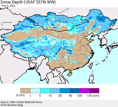 China, Mongolia and Taiwan Snow Depth (USAF 557th WW) Thematic Map For 1/31/2022 - 2/6/2022