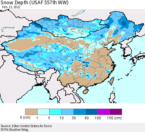 China, Mongolia and Taiwan Snow Depth (USAF 557th WW) Thematic Map For 2/7/2022 - 2/13/2022