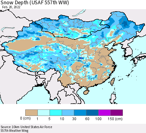 China, Mongolia and Taiwan Snow Depth (USAF 557th WW) Thematic Map For 2/14/2022 - 2/20/2022