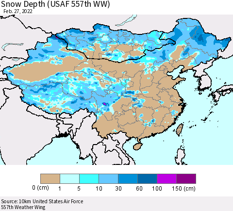 China, Mongolia and Taiwan Snow Depth (USAF 557th WW) Thematic Map For 2/21/2022 - 2/27/2022