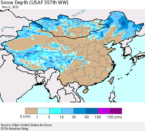 China, Mongolia and Taiwan Snow Depth (USAF 557th WW) Thematic Map For 2/28/2022 - 3/6/2022