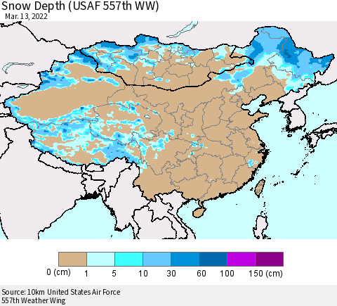 China, Mongolia and Taiwan Snow Depth (USAF 557th WW) Thematic Map For 3/7/2022 - 3/13/2022
