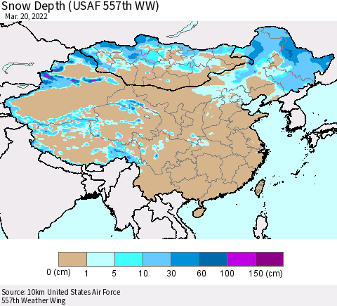 China, Mongolia and Taiwan Snow Depth (USAF 557th WW) Thematic Map For 3/14/2022 - 3/20/2022