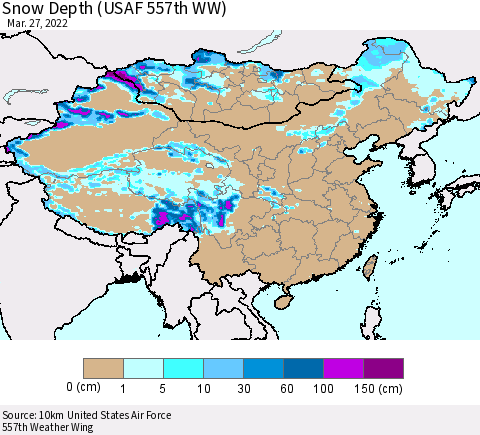 China, Mongolia and Taiwan Snow Depth (USAF 557th WW) Thematic Map For 3/21/2022 - 3/27/2022