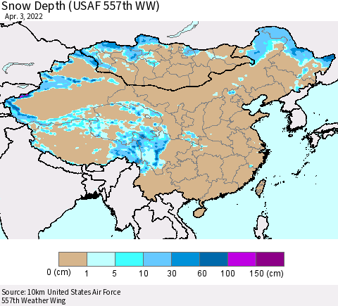 China, Mongolia and Taiwan Snow Depth (USAF 557th WW) Thematic Map For 3/28/2022 - 4/3/2022