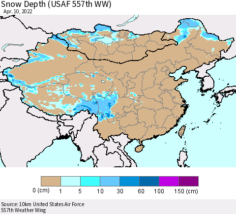 China, Mongolia and Taiwan Snow Depth (USAF 557th WW) Thematic Map For 4/4/2022 - 4/10/2022