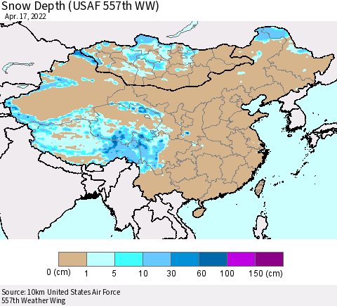 China, Mongolia and Taiwan Snow Depth (USAF 557th WW) Thematic Map For 4/11/2022 - 4/17/2022