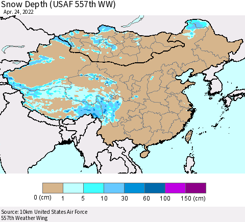 China, Mongolia and Taiwan Snow Depth (USAF 557th WW) Thematic Map For 4/18/2022 - 4/24/2022