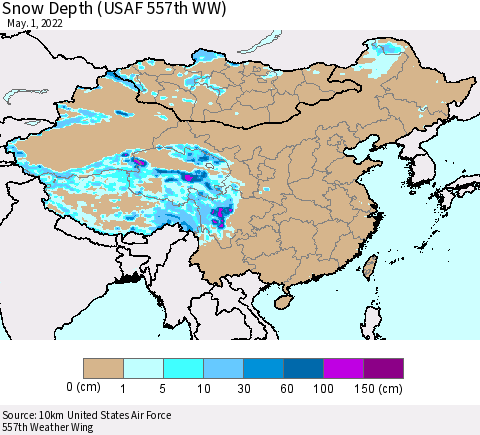 China, Mongolia and Taiwan Snow Depth (USAF 557th WW) Thematic Map For 4/25/2022 - 5/1/2022