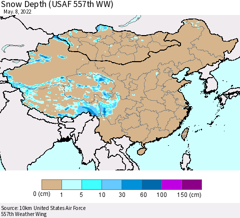 China, Mongolia and Taiwan Snow Depth (USAF 557th WW) Thematic Map For 5/2/2022 - 5/8/2022