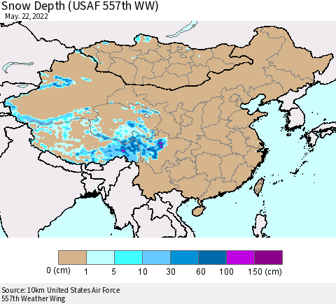 China, Mongolia and Taiwan Snow Depth (USAF 557th WW) Thematic Map For 5/16/2022 - 5/22/2022