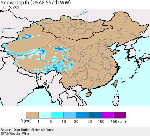 China, Mongolia and Taiwan Snow Depth (USAF 557th WW) Thematic Map For 5/30/2022 - 6/5/2022
